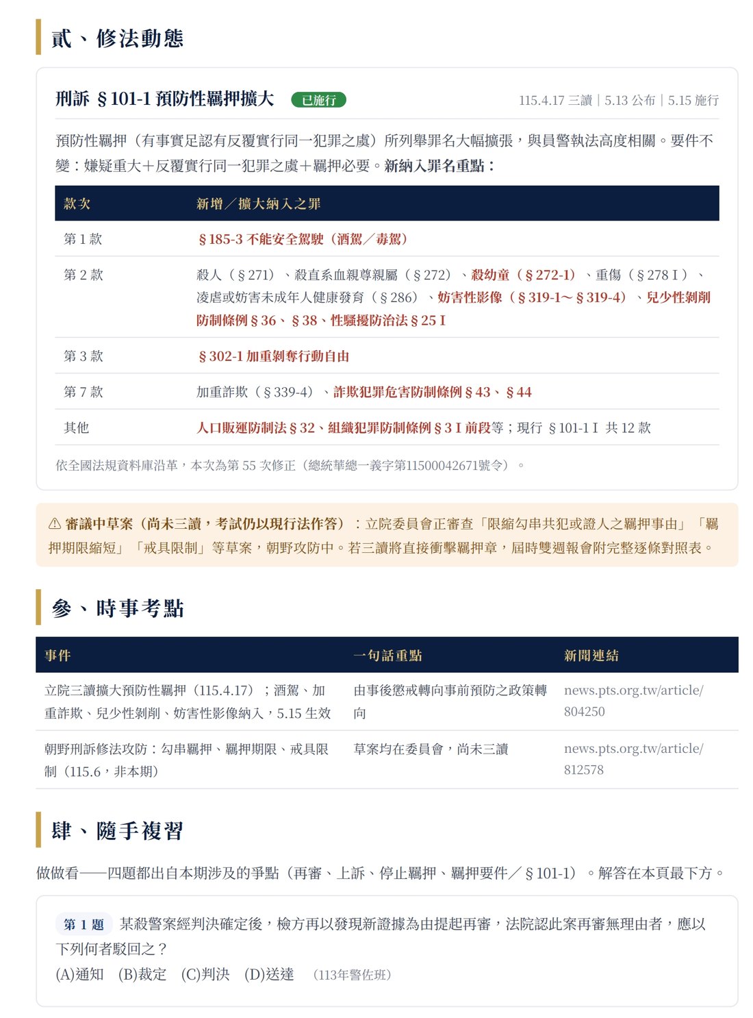 刑訴雙週報 NO.1 內頁——修法動態、時事考點與隨手複習